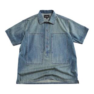 西里布美式复古牛仔半袖衬衫阿美咔叽水洗做旧工装套头短袖非rrl