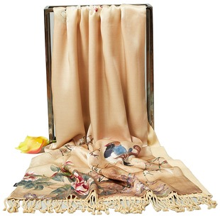 100%桑蚕丝丝巾女双层真丝拉绒围巾春秋冬款洋气时尚旗袍围巾披肩