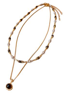 双层叠戴圆形虎眼石珍珠吊坠项链