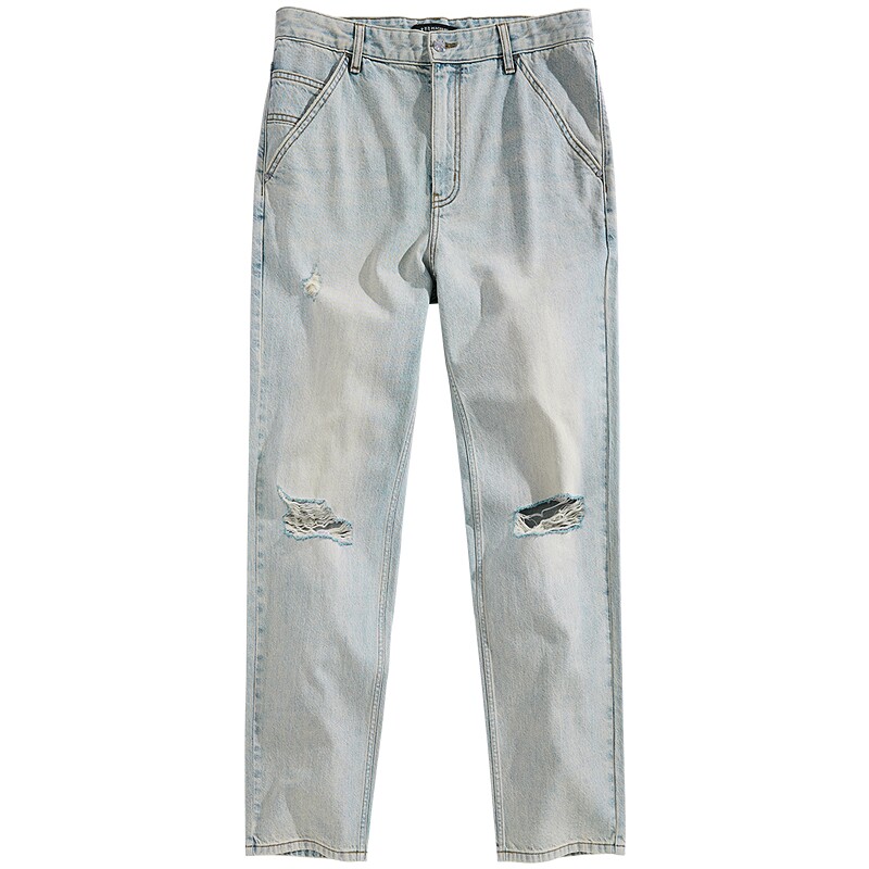 太平鸟男装牛仔裤夏款复古猫须破洞宽松直筒长裤康龙牛仔潮