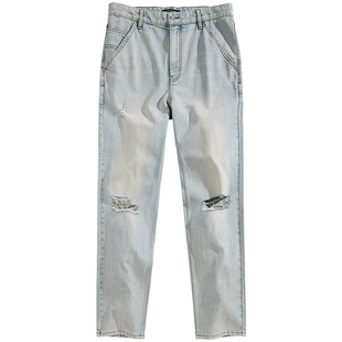 太平鸟男装牛仔裤25夏新款复古猫须破洞宽松直筒长裤康龙牛仔潮