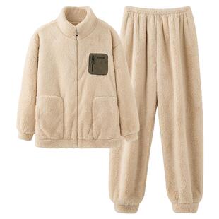 加绒加厚珊瑚绒睡衣秋冬季男款保暖法兰绒休闲时尚青年男生家居服