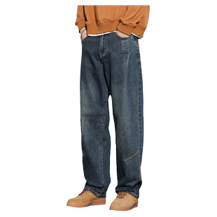 Kuvine秋冬季美式复古高街松紧腰牛仔裤男宽松直筒阔腿vibe长裤子