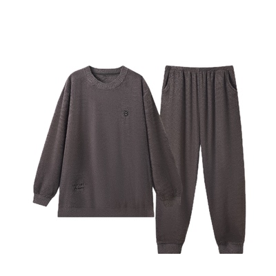 秋冬季睡衣男士加厚加绒珊瑚绒青年男生休闲套头保暖半边绒家居服