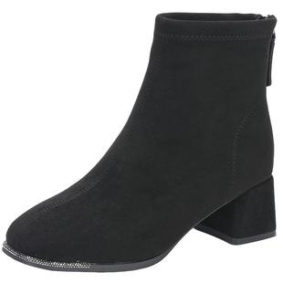 saturdaymode绒面时装靴2025冬季新款闪钻通勤正装粗跟短靴瘦瘦靴