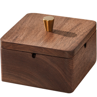 中式胡桃木实木烟灰缸带盖家用客厅茶台办公室防飞灰轻奢创意摆件