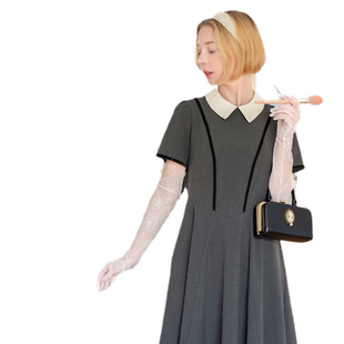 MP复古原创设计 女王的棋局气质深灰色修身A字连衣裙显瘦赠手套