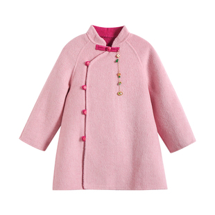 淘町国风新中式女童双面毛呢羊毛大衣秋冬季大童拜年短款外套加厚