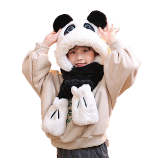 儿童帽子手套围巾一体三件套冬季男女童可爱小熊猫连体围脖保暖帽