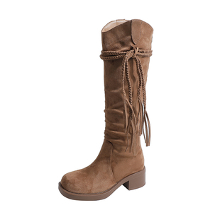 加肥加宽废土风堆堆长靴大码女鞋复古绒面流苏绑带长筒靴JS59996