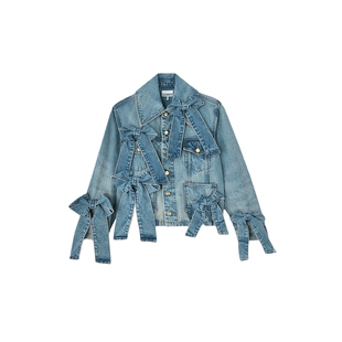 GANNI女装 水洗浅蓝色蝴蝶结层次感廓形牛仔夹克外套 A1010057567