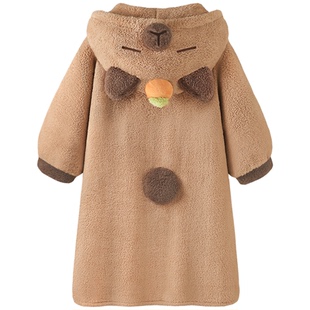 睡衣秋冬女款可爱卡皮巴拉加厚珊瑚绒长款睡袍冬季保暖大码家居服