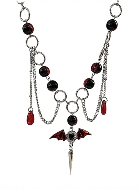 yyds！甜酷风红色翅膀流苏吊毛衣项链女小众设计暗黑朋克柳钉颈链