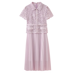 水云间粉色蕾丝镂空钩花连衣裙女中长款百褶裙子千金气质2025秋款