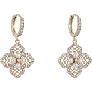 古里雅玫瑰金色珍珠四叶草耳扣耳环女2026巨好看耳钉方圆脸耳饰品