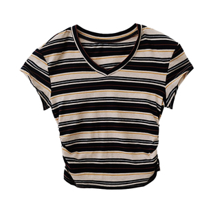 撞色条纹t恤女短袖夏正肩修身v领褶皱收腰短款体恤衫日常休闲上衣