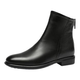 金利来牛皮小短靴2025秋冬新款女鞋黑色软皮百搭通勤平底时装短靴