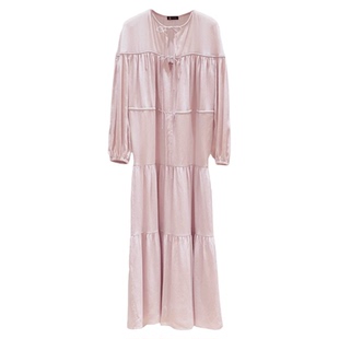 朱珠同款粉色抽绳系带长袖连衣裙女高级感泡泡袖显瘦宽松气质长裙