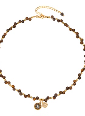 项链虎眼石虎眼石串珠通用镀真金