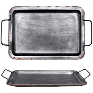 CJ北欧拍摄道具民宿复古做旧铁艺双耳早餐面包点心收纳托盘长方形