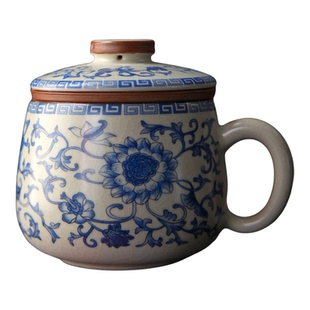 坐见山月大容量办公杯文创家用水杯复古汝窑马克杯陶瓷带过滤茶杯