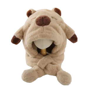 儿童帽子冬季男孩卡皮巴拉耳朵会动毛绒帽男女宝宝防风围脖一体帽