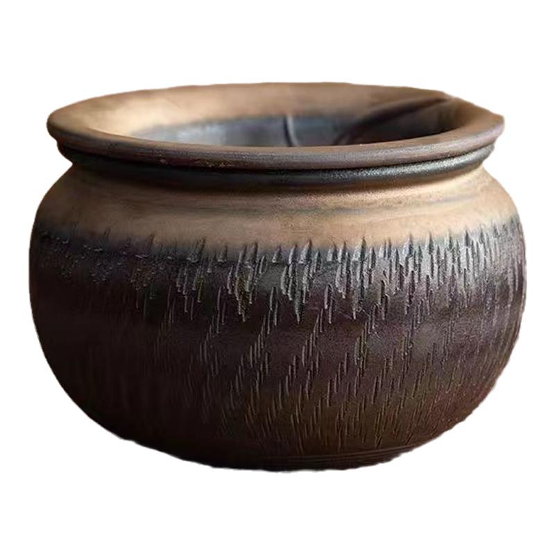 复古粗陶茶渣缸带盖鎏金莲蓬跳刀建水茶洗大容量陶瓷水盂茶道配件
