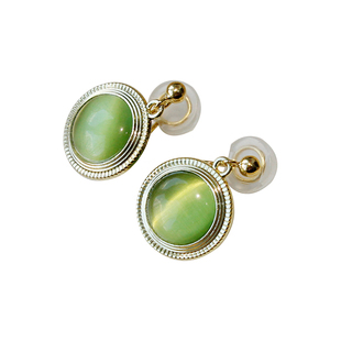 复古美人丨vintage宫廷琥珀绿色猫眼耳钉925银针无痛感蚊香盘耳夹