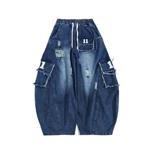 UUCSCC美式复古宽松直筒拖地长裤嘻哈潮牌工装做旧阔腿弯刀牛仔裤