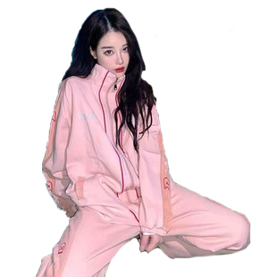 2025春装新款粉色卫衣套装女时尚潮牌炸街开衫外套休闲卫裤两件套