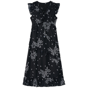 Halo Luu高级感黑色碎花连衣裙女夏季小飞袖法式收腰显瘦气质长裙