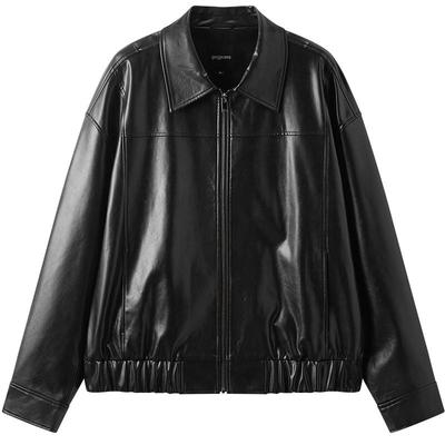 gxg.jeans男装黑色翻领PU皮衣美式夹克飞行员外套皮夹克25春秋款