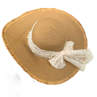 法式蕾丝珍珠蝴蝶结草帽女夏季大帽檐显脸小海边沙滩防晒太阳帽子