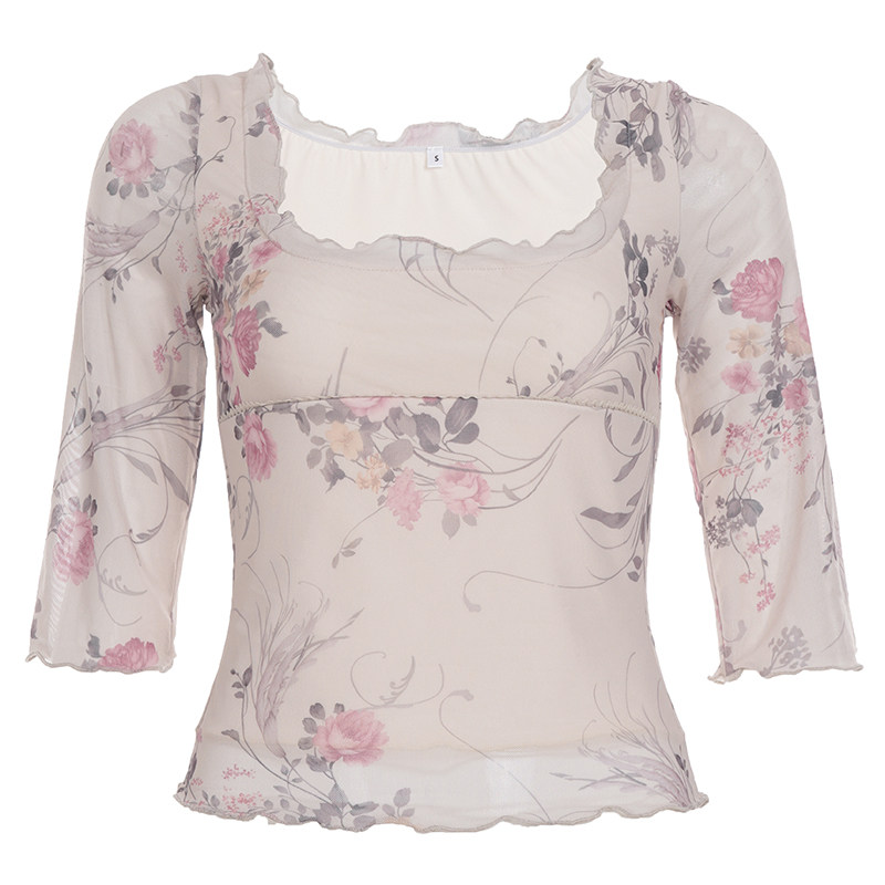 WEEKEEP 古着辣妹性感低胸方领植物花卉印花网纱上衣紧身中袖T恤