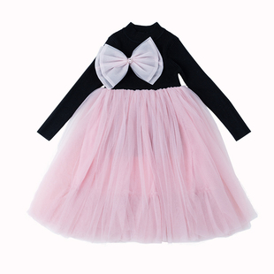 Singira春季上新粉色蝴蝶结网纱芭蕾风圆领毛衣拼接宽松公主裙