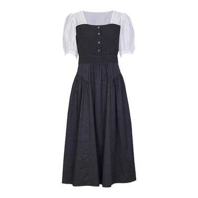 婉甸黑白拼接短袖高腰A版连衣裙夏季新品纽扣装饰1232N10RS1