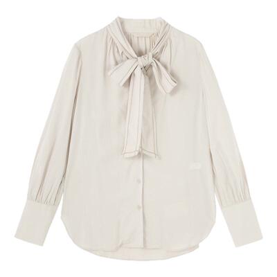 布景衬衫女春季简约纯色系带领设计下摆开叉长袖宽松直筒上衣3049