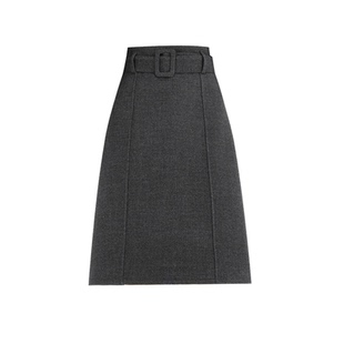 黑色毛呢过膝半身裙女秋冬高腰加厚A字五分裙气质后开叉直筒中裙