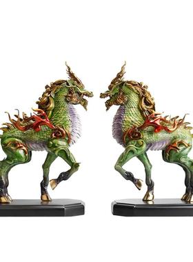 黄铜麒麟摆件一对招财客厅