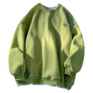 港风圆领卫衣男女春秋薄款显白情侣上衣假两件oversize长袖T恤衫