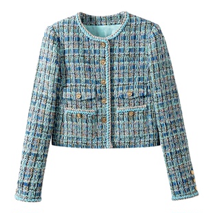 【高定工坊】圣西尔蓝 小香风特种纱羊毛粗花呢短款猎装夹克外套