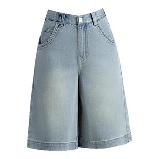 天丝牛仔短裤女夏季薄款2026新款高腰宽松直筒阔腿裤五分裤女中裤