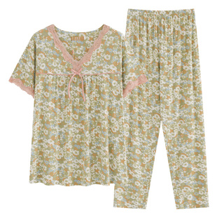 莫代尔睡衣短袖套装夏季超薄款凉爽透气中老年加肥加大妈妈家居服