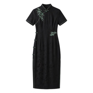 黑色刺绣旗袍2026春夏新款女复古民国风日常可穿新中式走秀连衣裙