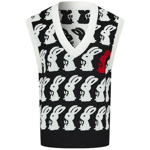 曼德诗V领针织马甲女2025秋冬新款撞色兔子印花羊毛衫无袖套头衫