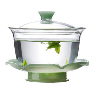 耐高温玻璃三才敬茶碗 高档绿玉色荷叶盖碗170ml手抓壶单个泡茶杯