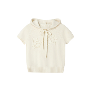 【素锦花枝】Uena白色字母盘带绣抽绳绑带连帽插肩短袖羊毛针织衫