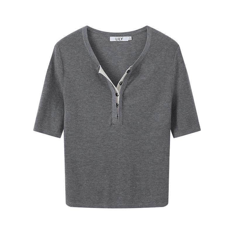 LILY2026新款女装修身显瘦通勤短款小上衣轻薄灰色短袖针织衫