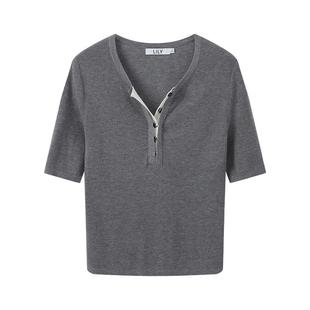 LILY2025新款女装修身显瘦通勤短款小上衣轻薄灰色短袖针织衫