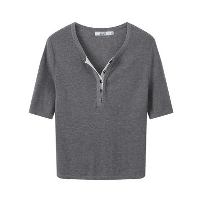 LILY2025新款女装修身显瘦通勤短款小上衣轻薄灰色短袖针织衫
